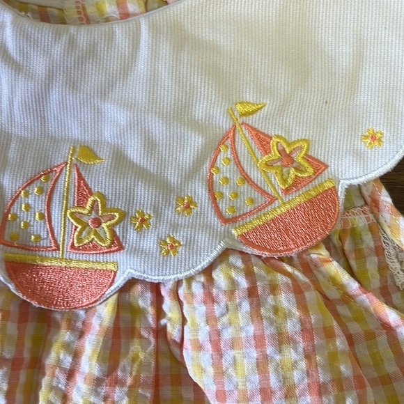 NEW‎ Vintage Seersucker Toddler Orange Yellow Sailboat Plaid Collared Dress - Picture 2 of 5